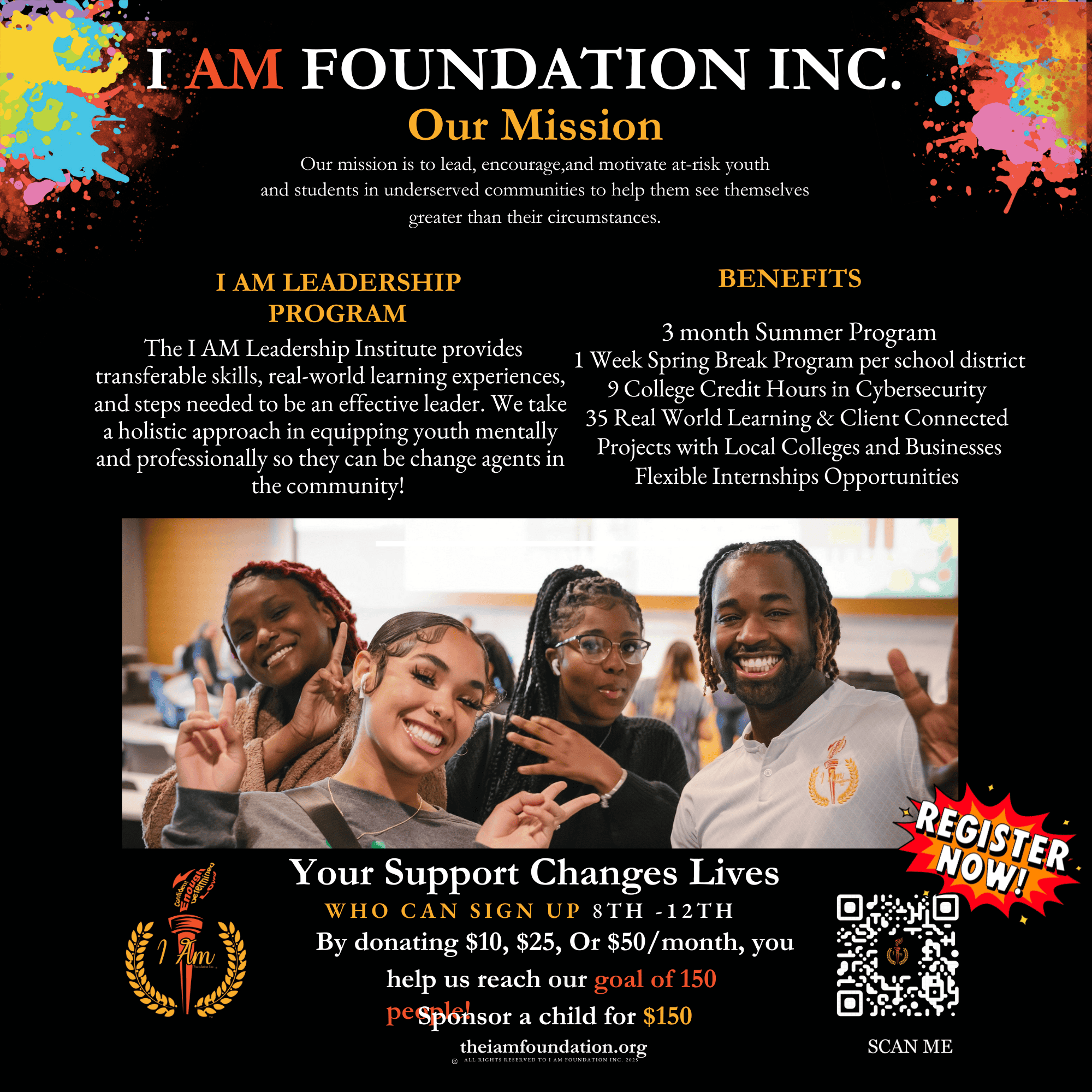 Four smiling young people sit together at a table, making peace signs with their hands, promoting the I AM Foundation Inc. summer leadership program for youth.