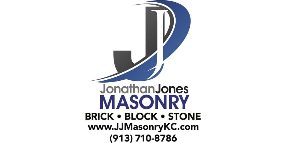 Logo for Jonathan Jones Masonry with initials "JJ" and text: "BRICK • BLOCK • STONE." Website and phone number included.