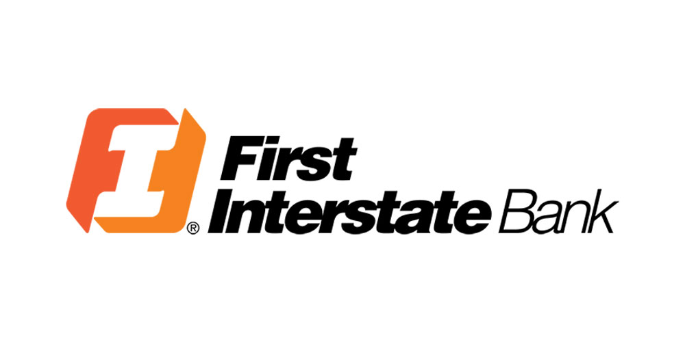 Logo of First Interstate Bank featuring a stylized orange and white letter "F" next to the bank's name in black text.