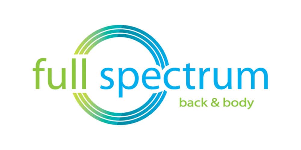Logo with concentric circles in green and blue. Text reads "full spectrum back & body" in lowercase letters.