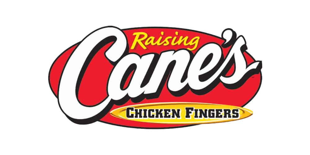 Raising Cane's Chicken Fingers logo with bold white and yellow text on a red oval background.
