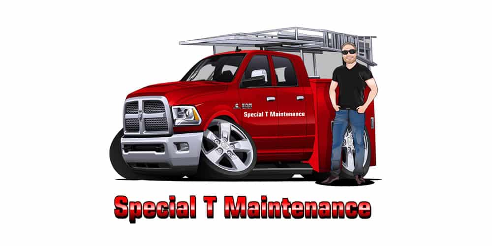 Illustration of a man in sunglasses leaning on a red maintenance truck with a ladder on top, labeled "Special T Maintenance.