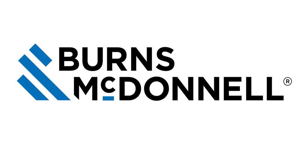 Burns & McDonnell logo with blue geometric lines on the left and bold black text stating the company name on a white background.