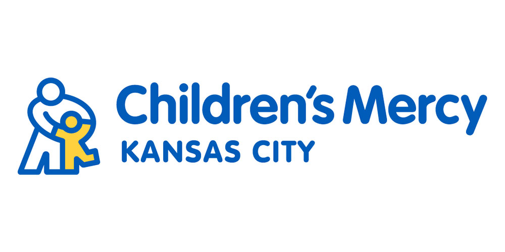 Children’s Mercy Kansas City logo featuring a blue outline of an adult figure embracing a smaller yellow figure, with the hospital name in blue text.