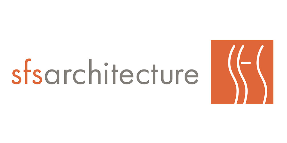 Sfsarchitecture logo with 'sfs' in orange, 'architecture' in gray, and an orange square showing a white abstract line design on the right.