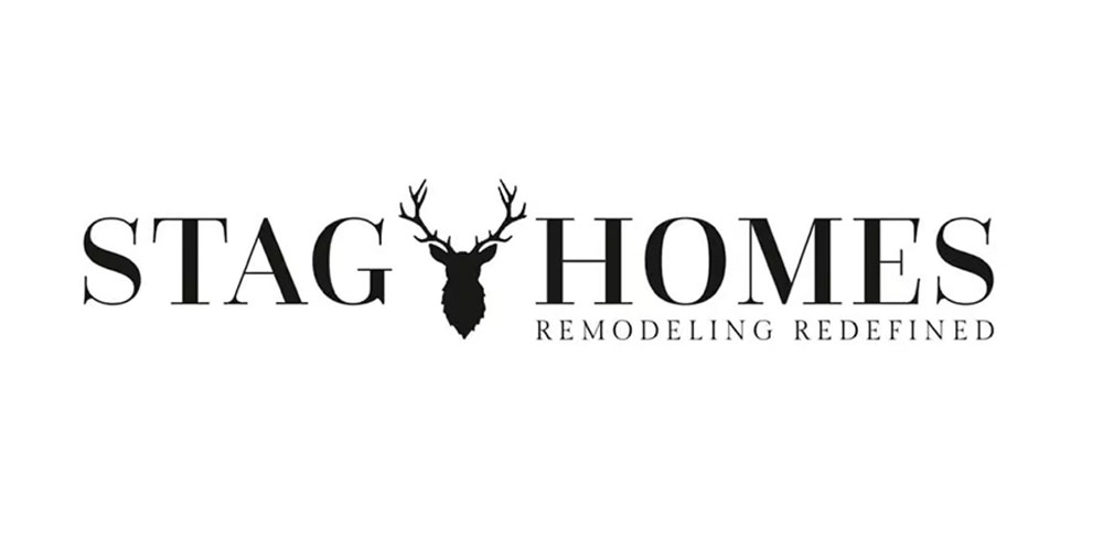 Logo for "Stag Homes Remodeling Redefined" with a stag head silhouette between the words "Stag" and "Homes" on a white background.