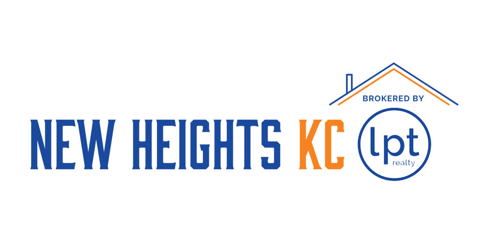 Logo with the text "NEW HEIGHTS KC" and "BROKERED BY lpt realty" inside an outline of a house.