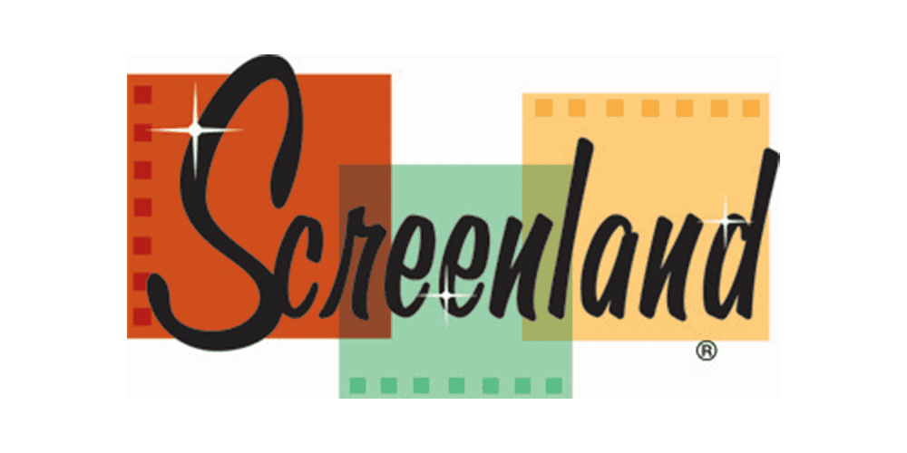 The word "Screenland" in black script overlaid on red, green, and yellow rectangles with film strip borders and sparkling highlights.